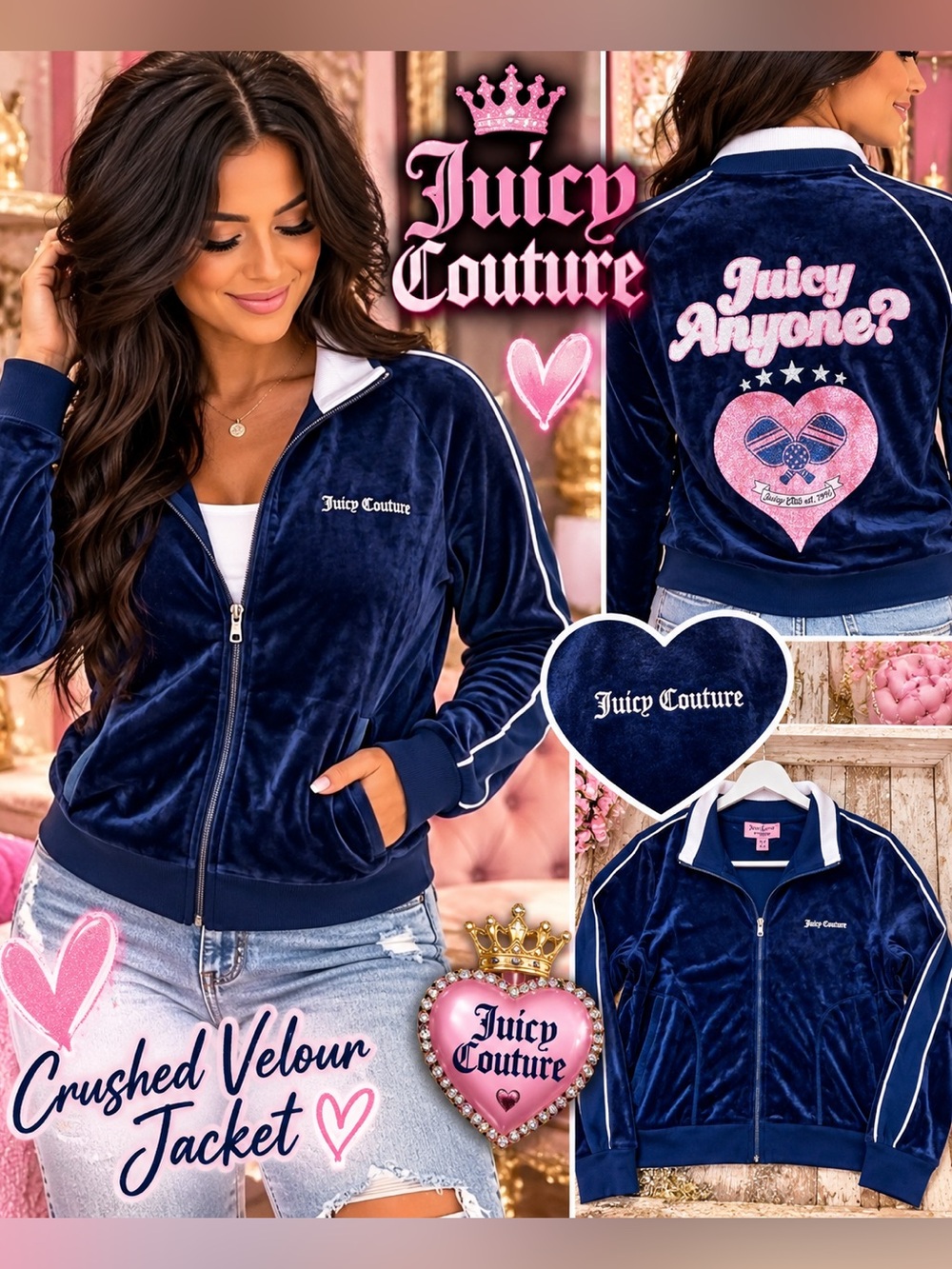 Juicy Couture Navy Crushed Velour Varsity Jacket with Pink Back Graphic